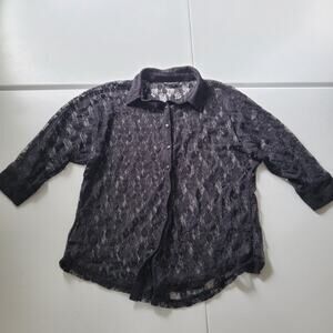 Y2K Fairygrunge Goth Shirt Womens Large Black Lace Sheer Button Front